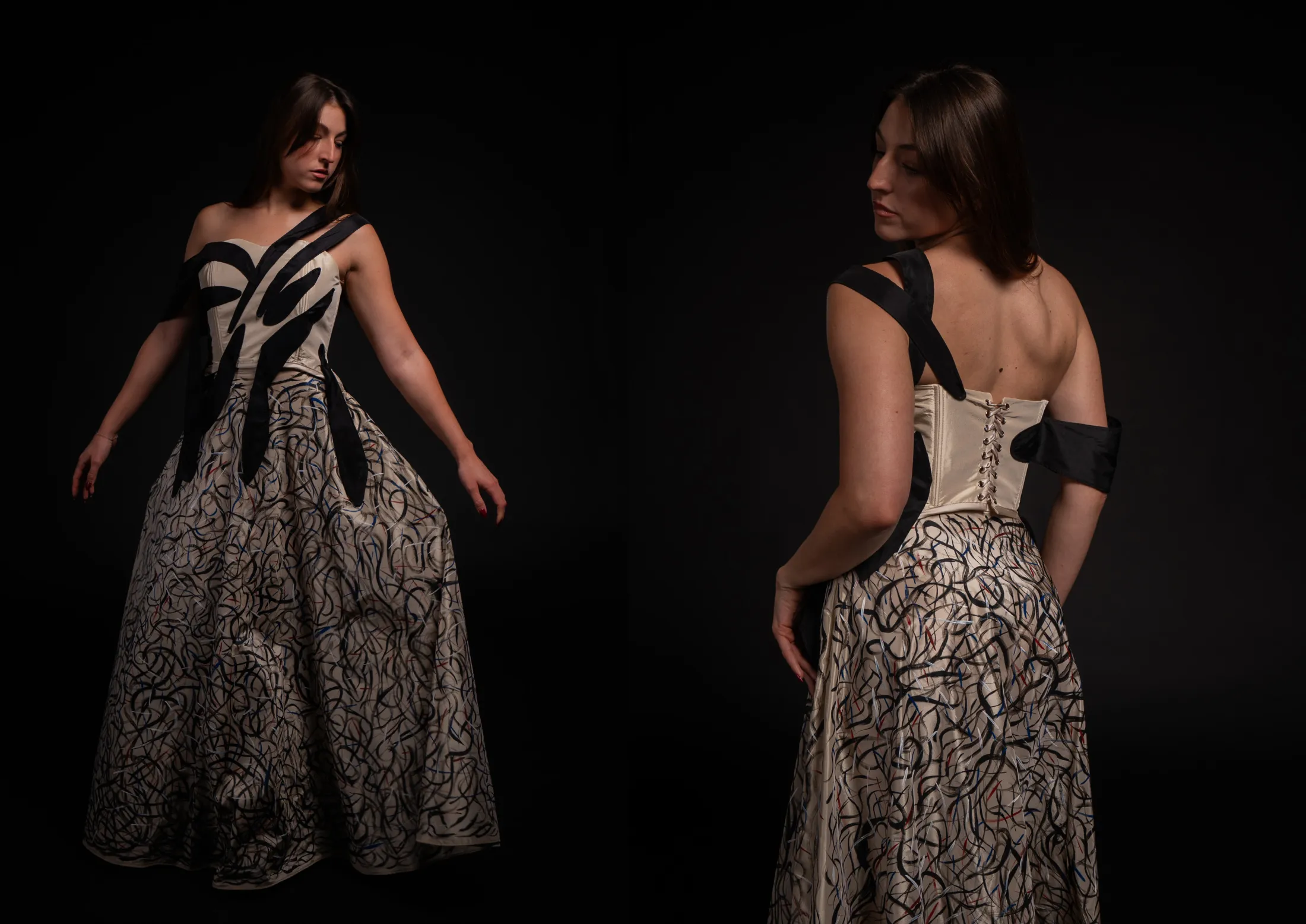 Abito couture della collezione Met Gala 2026: corsetto avorio con appliqué neri e gonna dipinta a mano, fronte e retro su fondo scuro